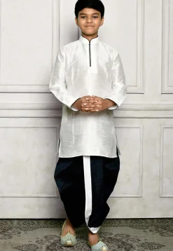 Contrast Trim Dupion Silk Dhoti Kurta in Off White