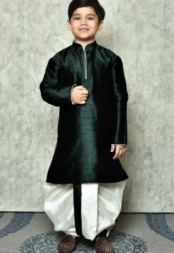 Contrast Trim Dupion Silk Dhoti Kurta in Dark Teal Green