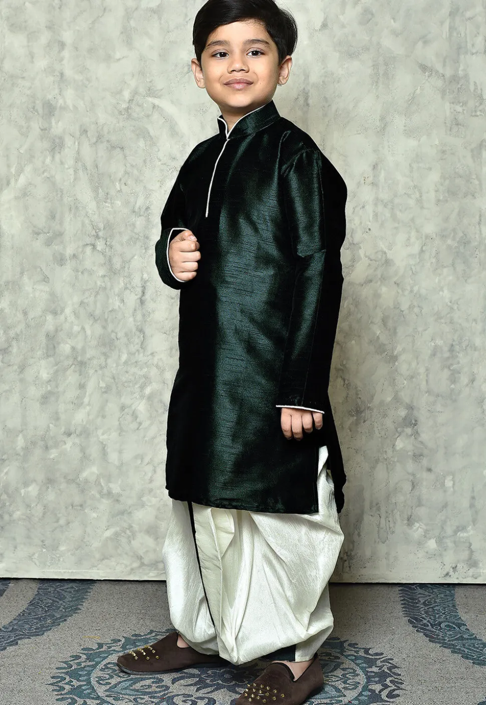 Contrast Trim Dupion Silk Dhoti Kurta in Dark Teal Green