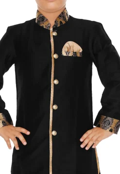 Contrast Trim Dupion Silk Straight Front Open Sherwani in Black