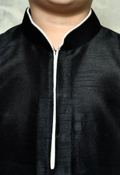 Contrast Trim Dupion Silk Dhoti Kurta in Black