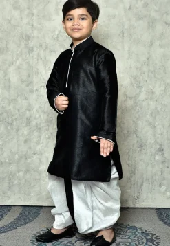 Contrast Trim Dupion Silk Dhoti Kurta in Black
