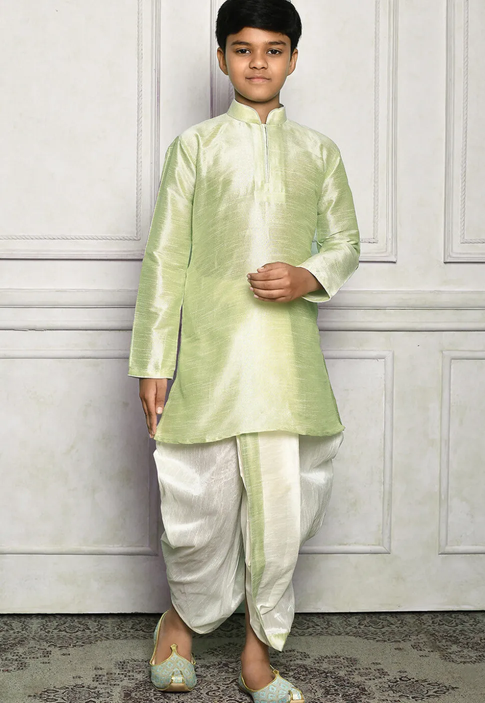Contrast Trim Dupion Silk Dhoti Kurta in Pastel Green
