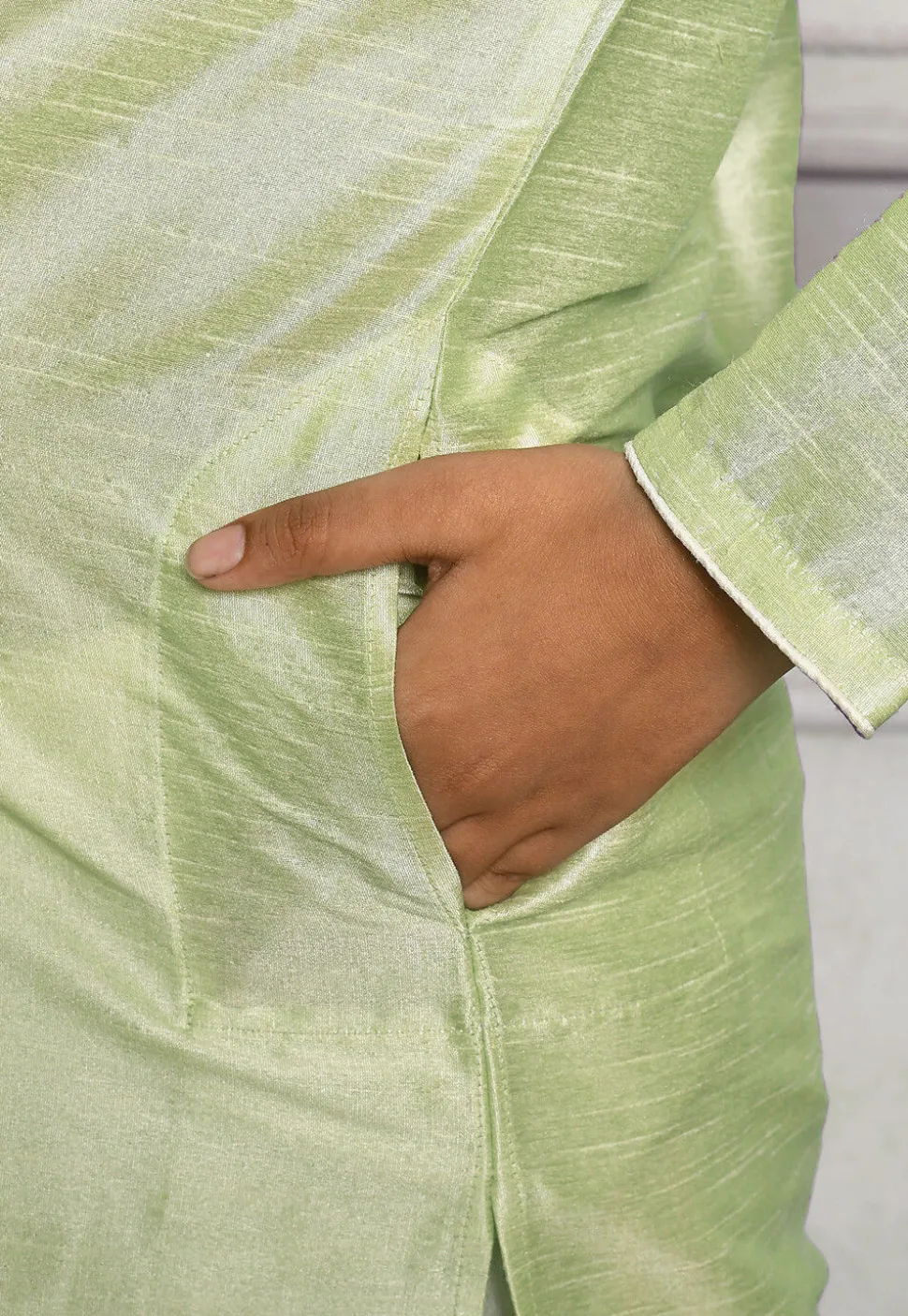 Contrast Trim Dupion Silk Dhoti Kurta in Pastel Green
