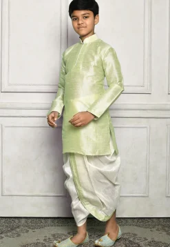 Contrast Trim Dupion Silk Dhoti Kurta in Pastel Green