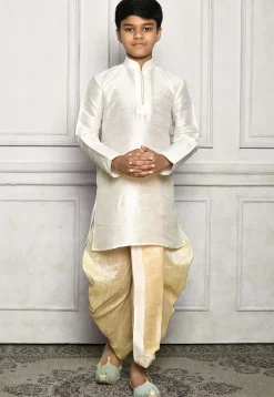 Contrast Trim Dupion Silk Dhoti Kurta in Off White