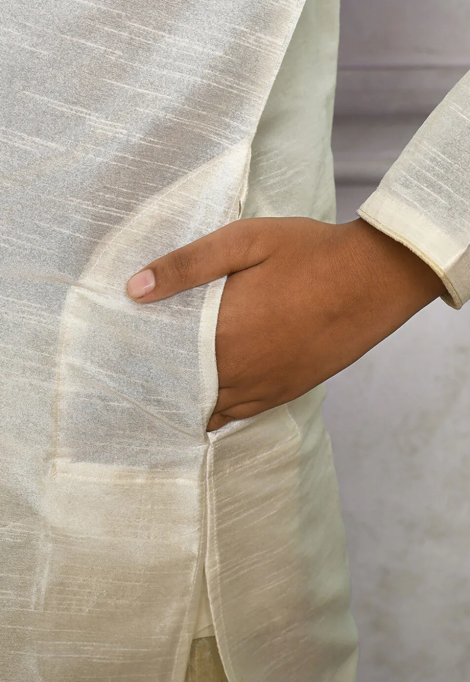 Contrast Trim Dupion Silk Dhoti Kurta in Off White