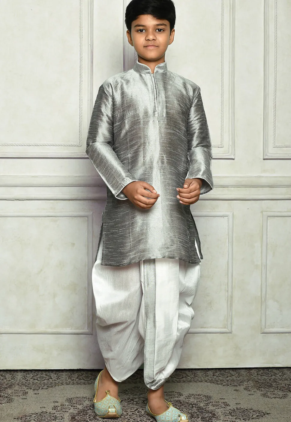 Contrast Trim Dupion Silk Dhoti Kurta in Grey