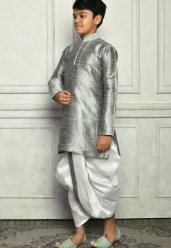 Contrast Trim Dupion Silk Dhoti Kurta in Grey