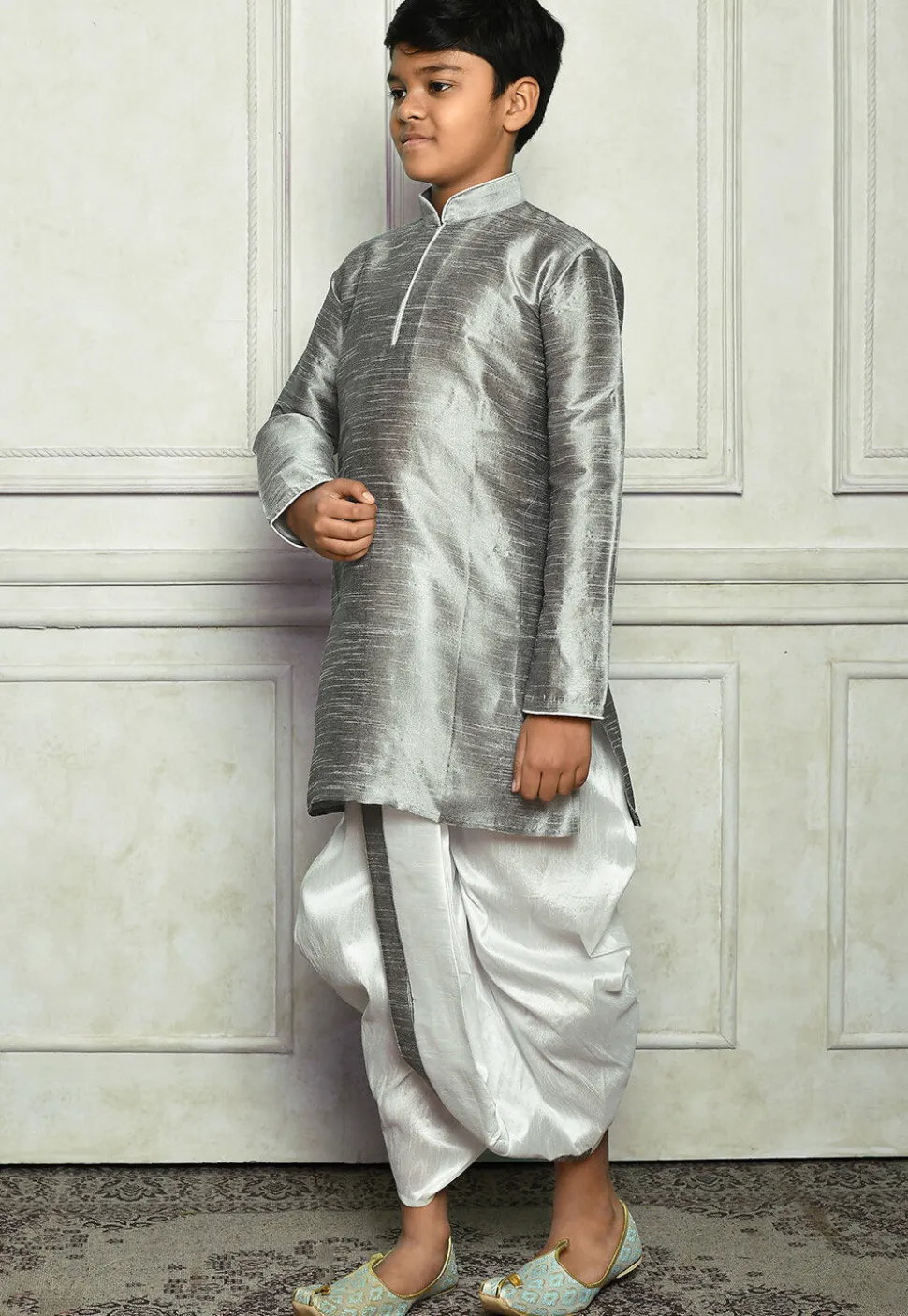 Contrast Trim Dupion Silk Dhoti Kurta in Grey