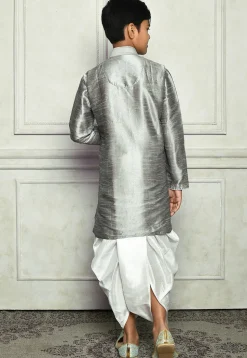 Contrast Trim Dupion Silk Dhoti Kurta in Grey
