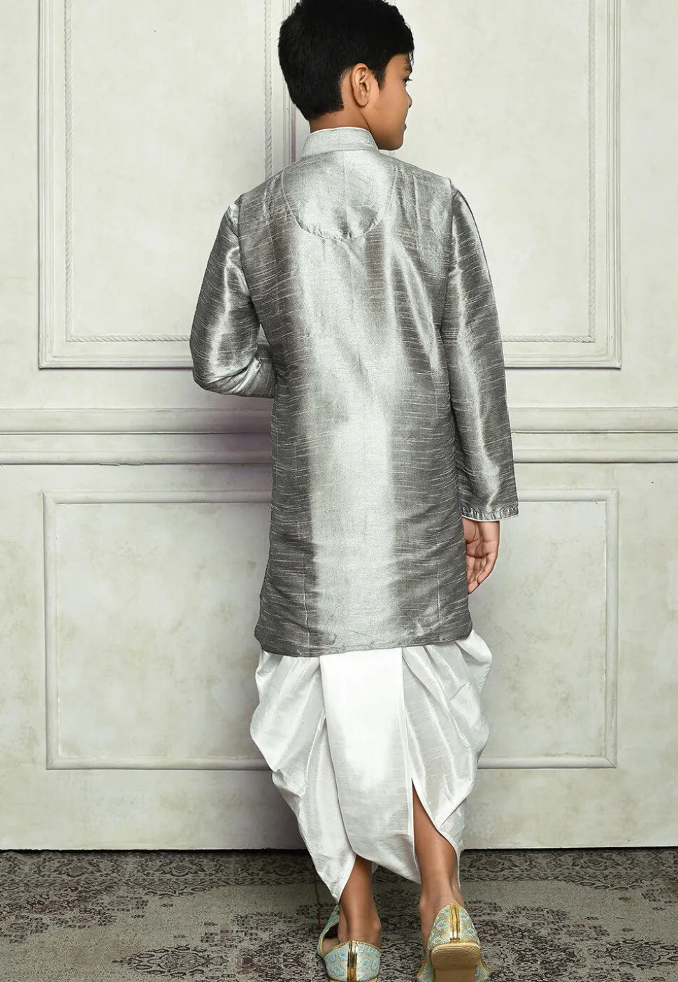 Contrast Trim Dupion Silk Dhoti Kurta in Grey