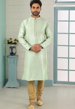 Contrast Trim Dupion Silk Kurta Set in Pastel Green