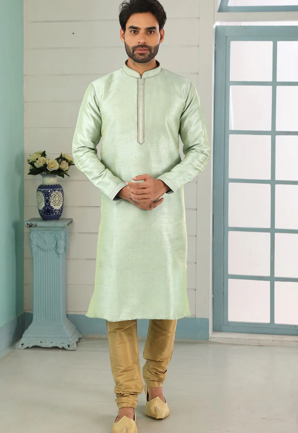 Contrast Trim Dupion Silk Kurta Set in Pastel Green
