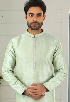 Contrast Trim Dupion Silk Kurta Set in Pastel Green
