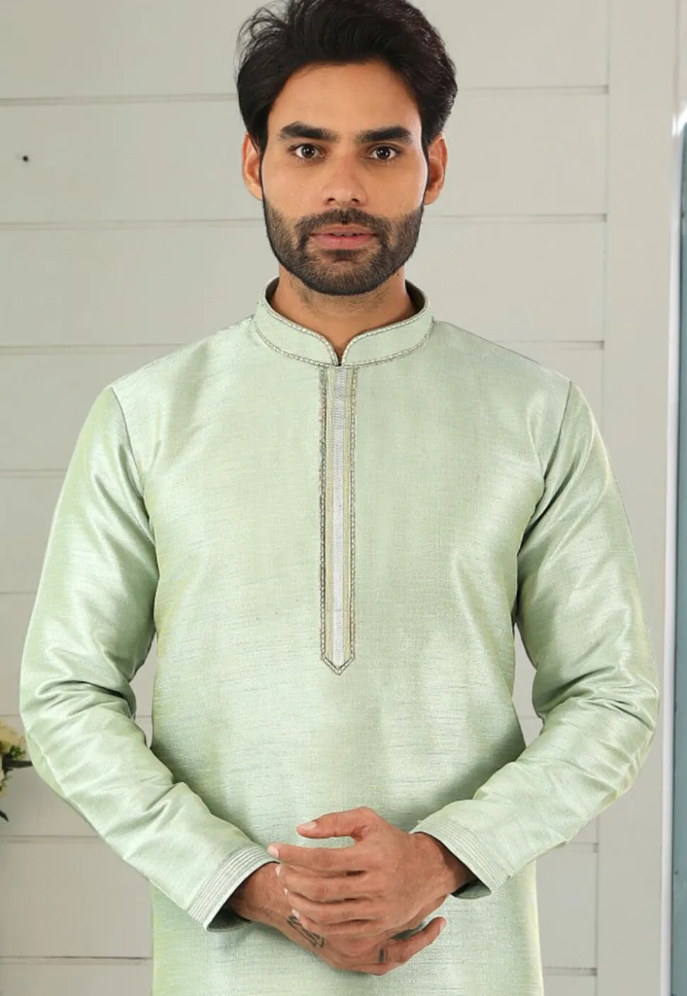 Contrast Trim Dupion Silk Kurta Set in Pastel Green