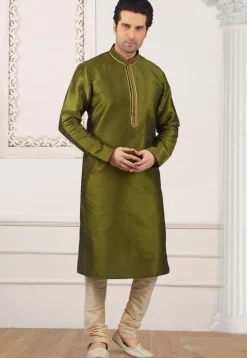 Contrast Trim Dupion Silk Kurta Set in Olive Green
