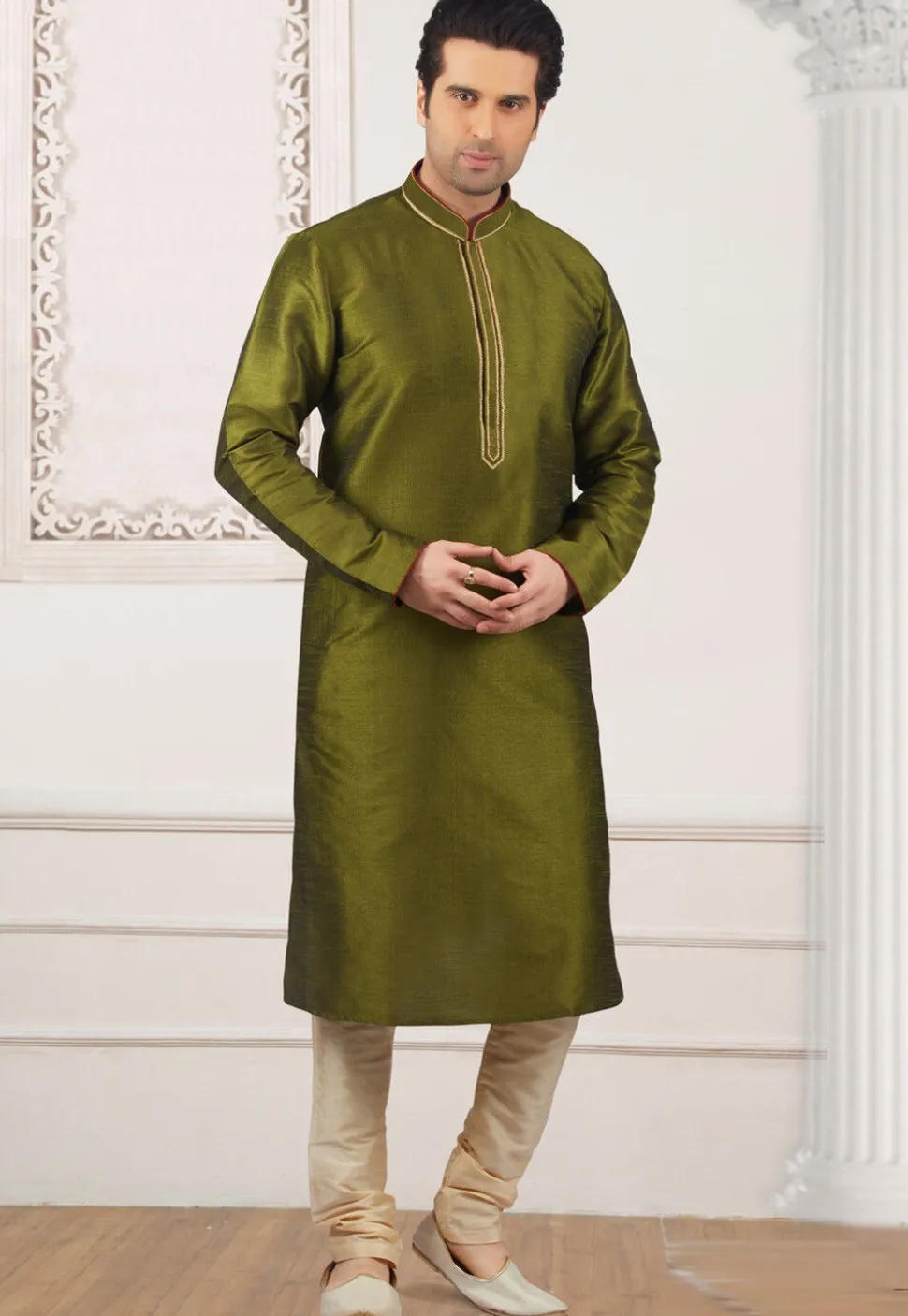 Contrast Trim Dupion Silk Kurta Set in Olive Green