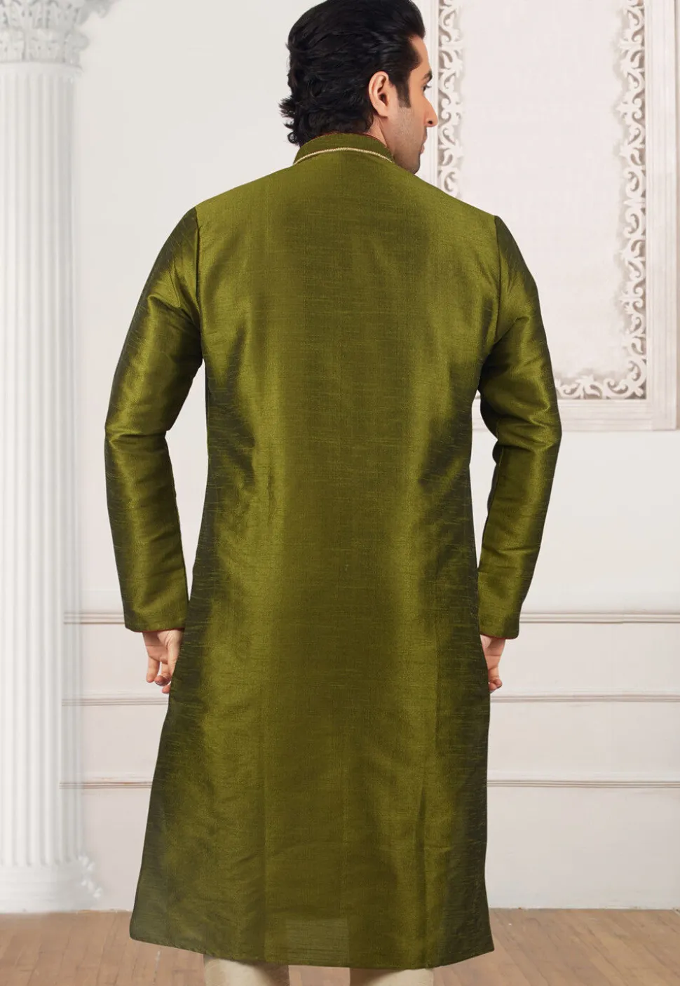 Contrast Trim Dupion Silk Kurta Set in Olive Green