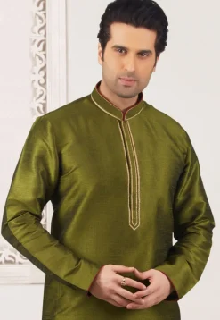 Contrast Trim Dupion Silk Kurta Set in Olive Green