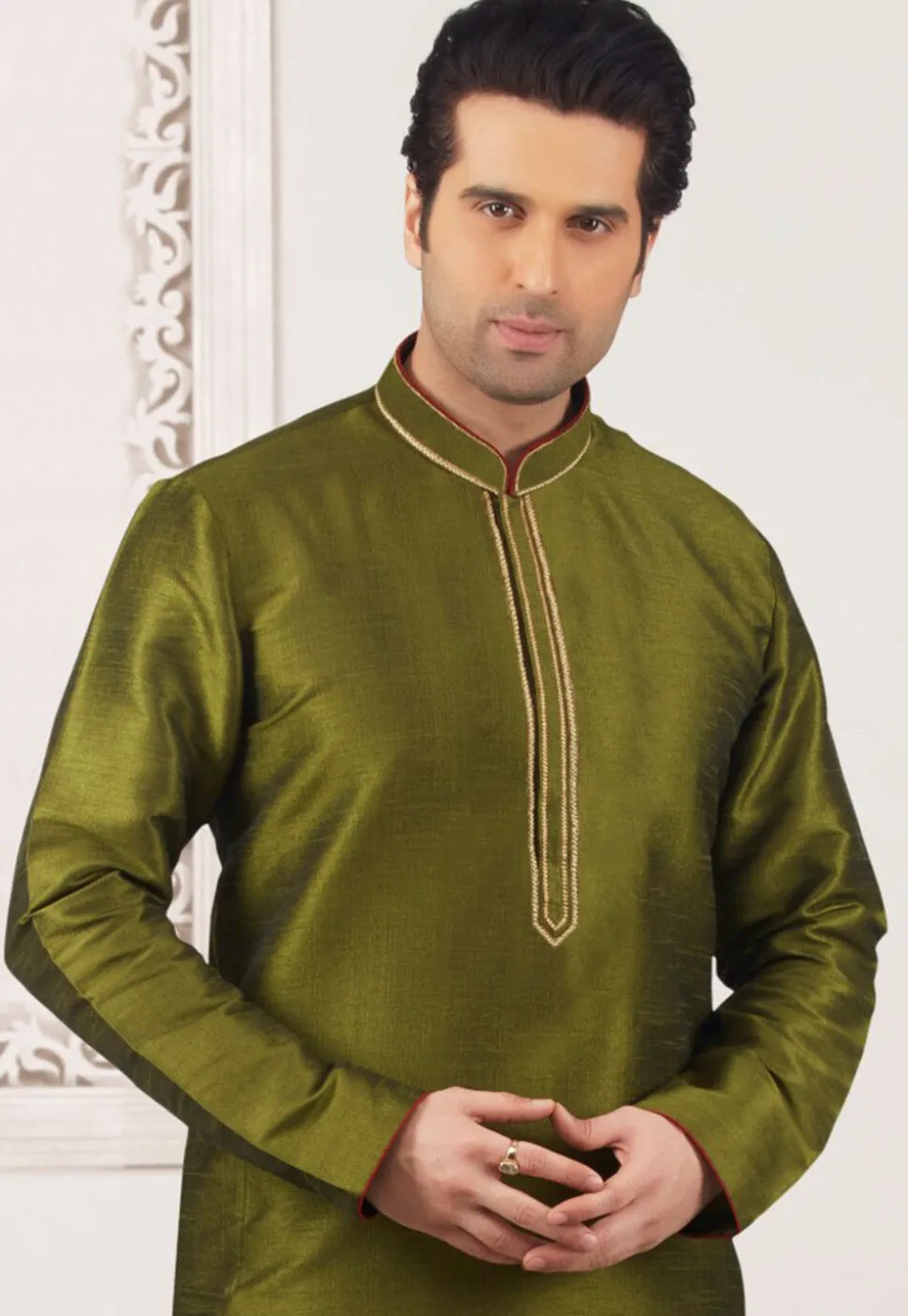 Contrast Trim Dupion Silk Kurta Set in Olive Green
