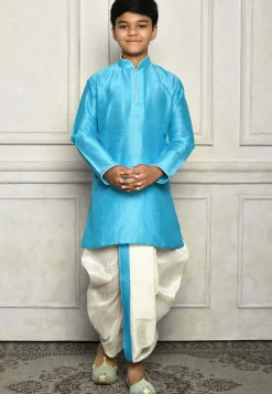 Contrast Trim Dupion Silk Dhoti Kurta in Light Blue