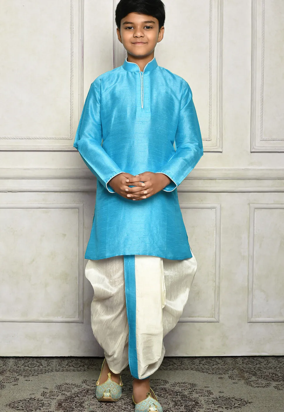 Contrast Trim Dupion Silk Dhoti Kurta in Light Blue