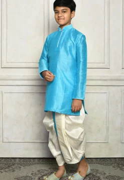 Contrast Trim Dupion Silk Dhoti Kurta in Light Blue