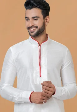 Contrast Trim Dupion Silk Kurta Set in White
