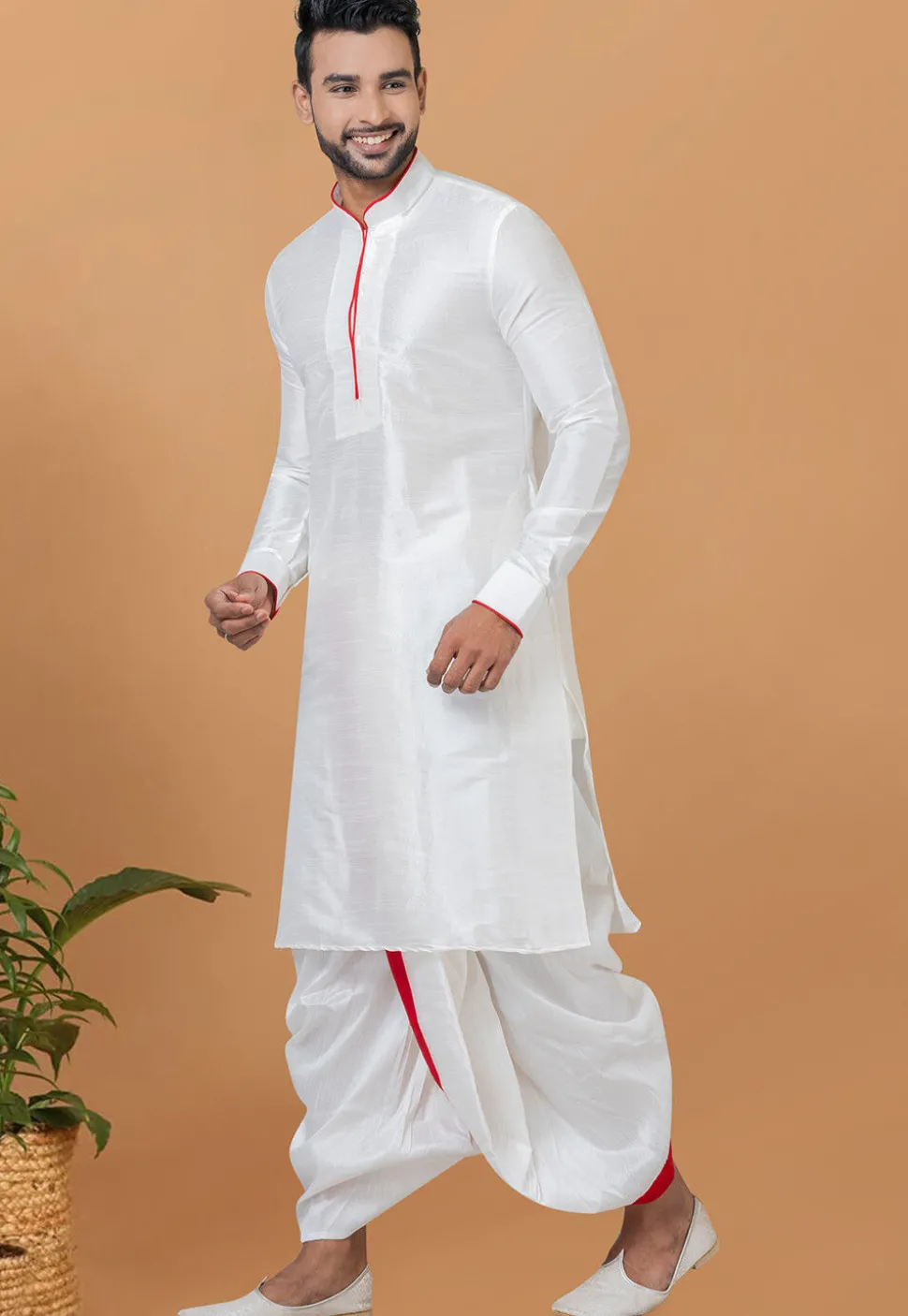 Contrast Trim Dupion Silk Kurta Set in White