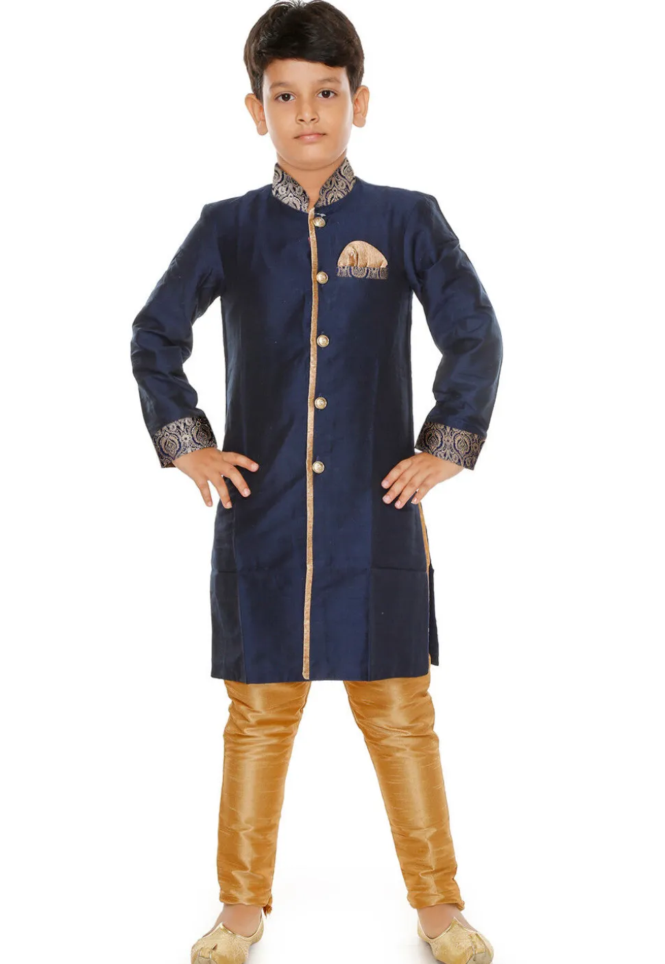 Contrast Trim Dupion Silk Straight Front Open Sherwani in Navy Blue