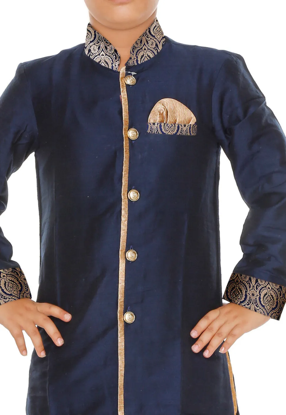 Contrast Trim Dupion Silk Straight Front Open Sherwani in Navy Blue