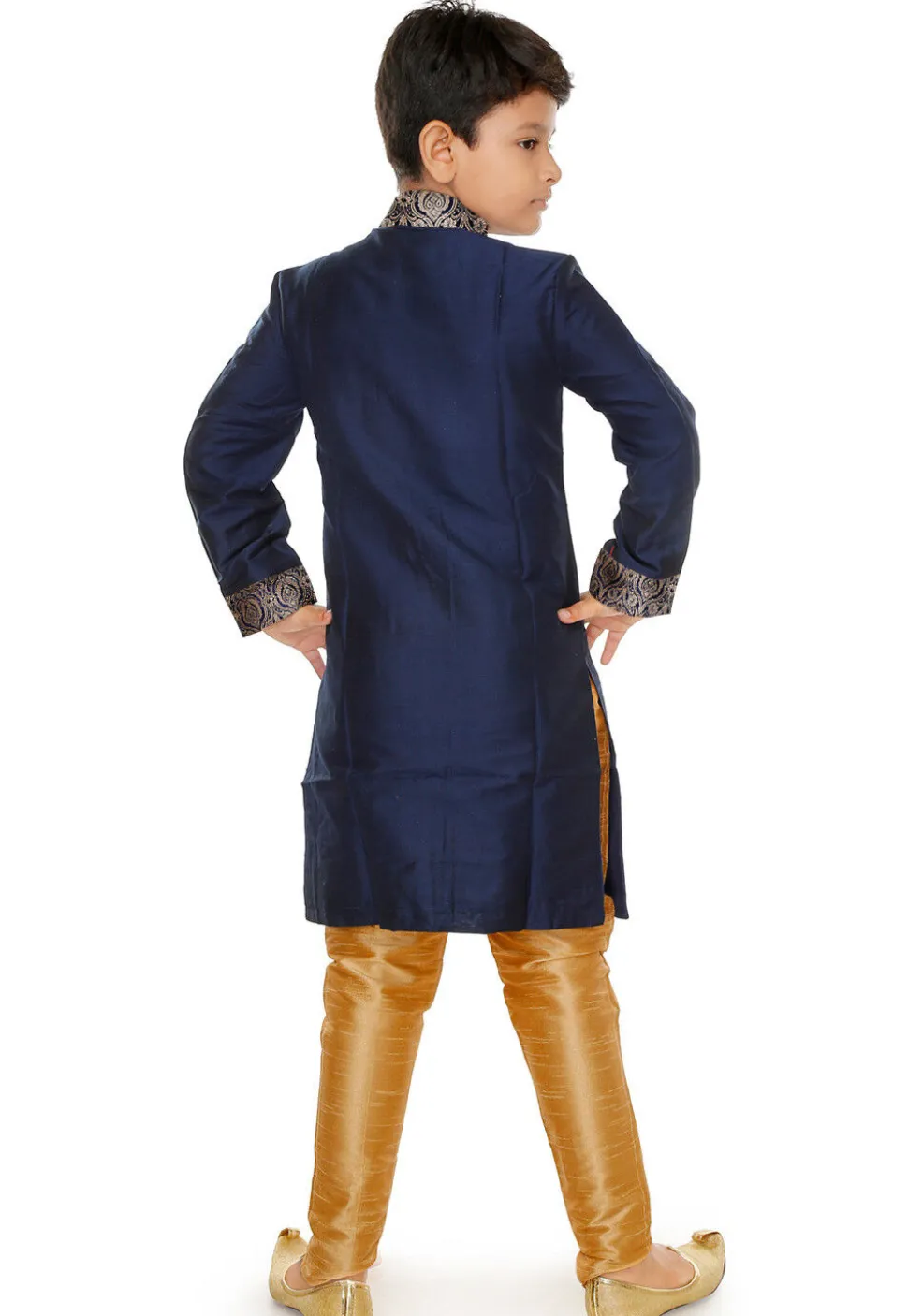 Contrast Trim Dupion Silk Straight Front Open Sherwani in Navy Blue