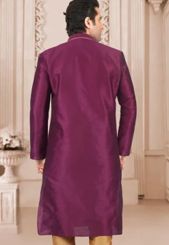 Contrast Trim Dupion Silk Kurta Set in Magenta