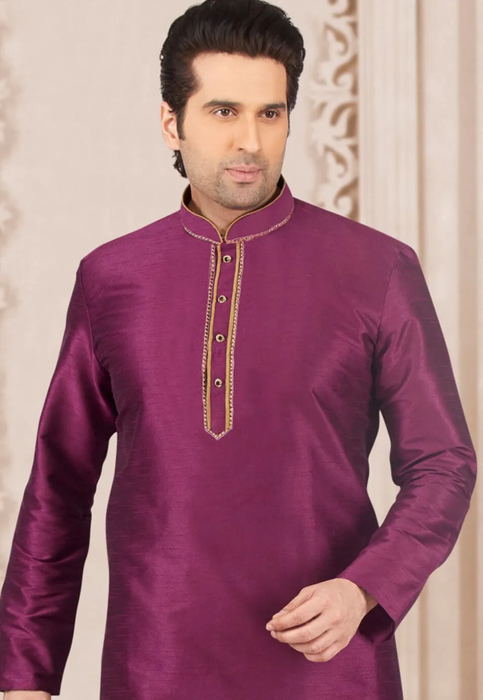 Contrast Trim Dupion Silk Kurta Set in Magenta