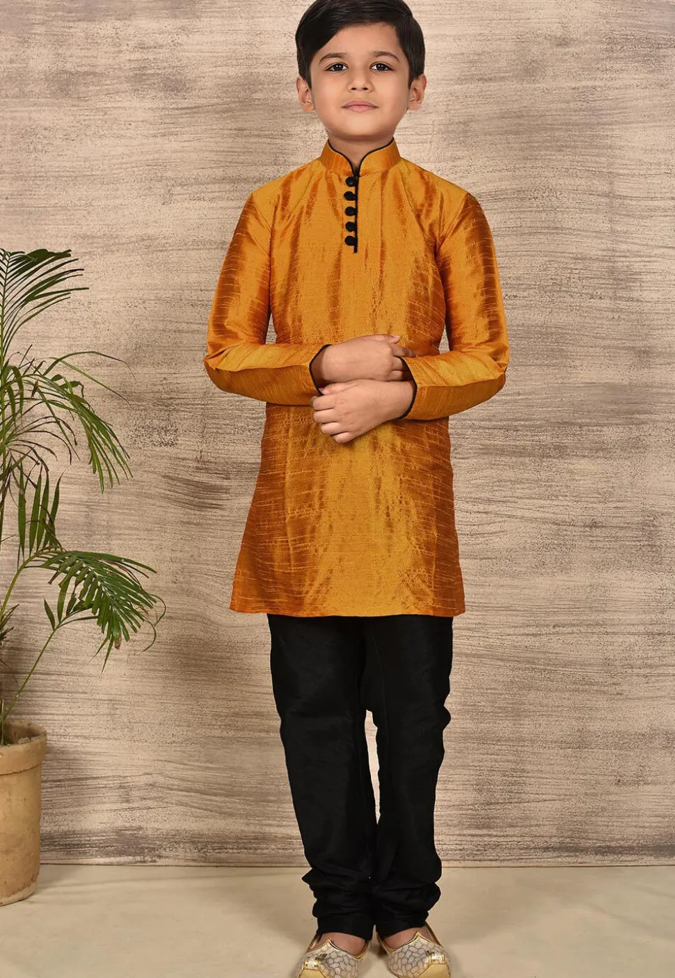 Contrast Trim Dupion Silk Kurta Set in Mustard
