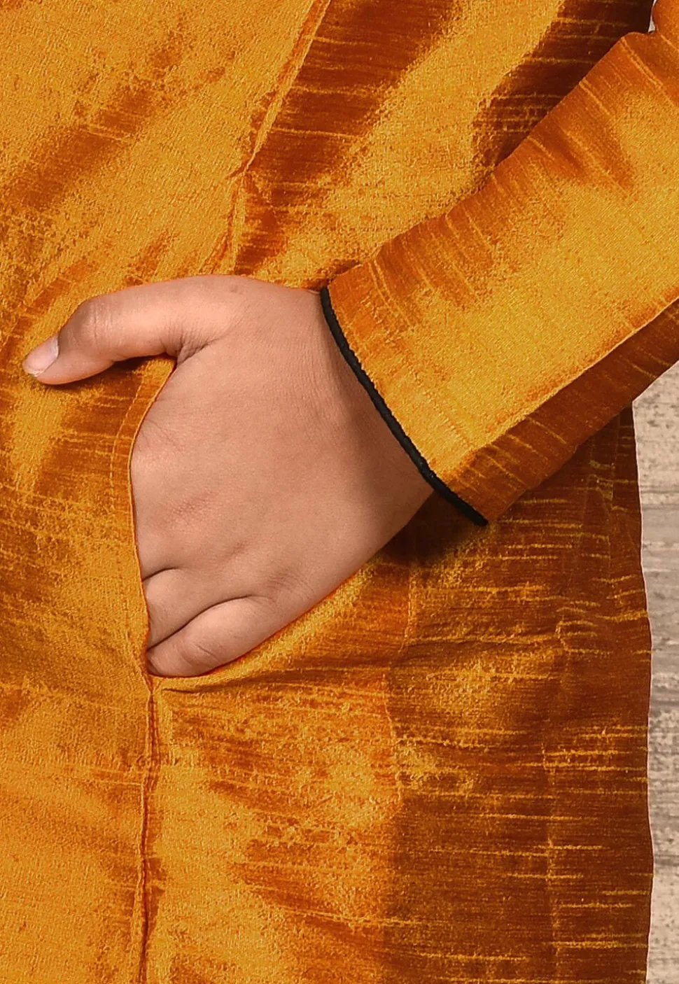 Contrast Trim Dupion Silk Kurta Set in Mustard