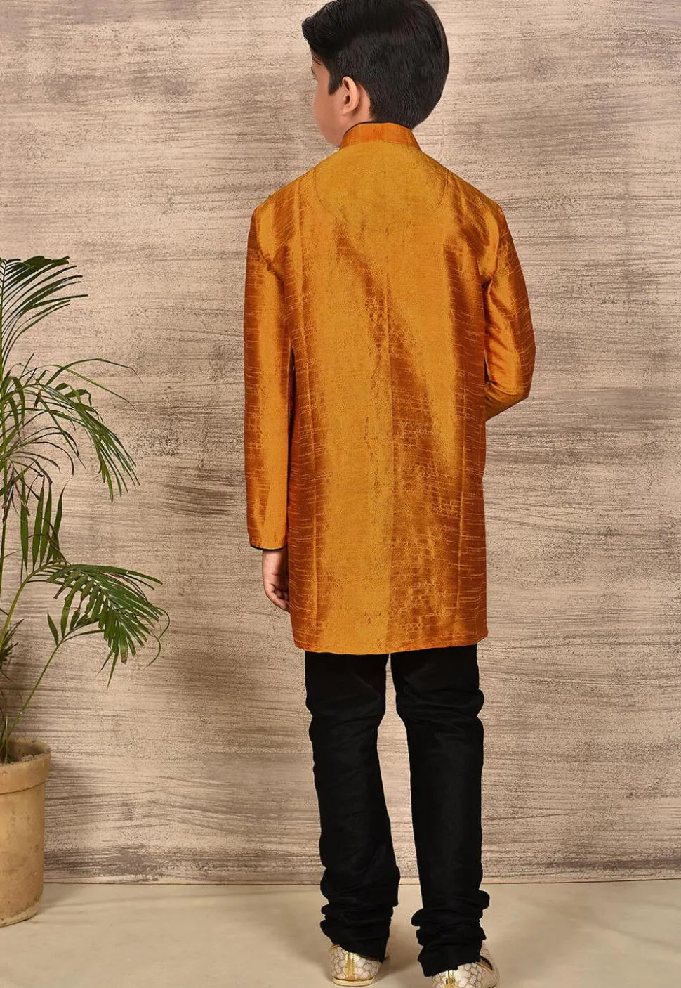 Contrast Trim Dupion Silk Kurta Set in Mustard