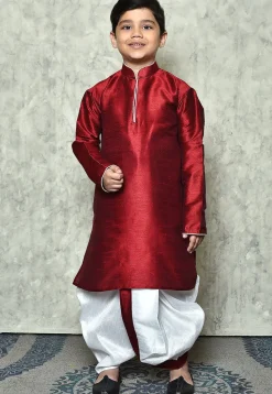 Contrast Trim Dupion Silk Dhoti Kurta in Maroon