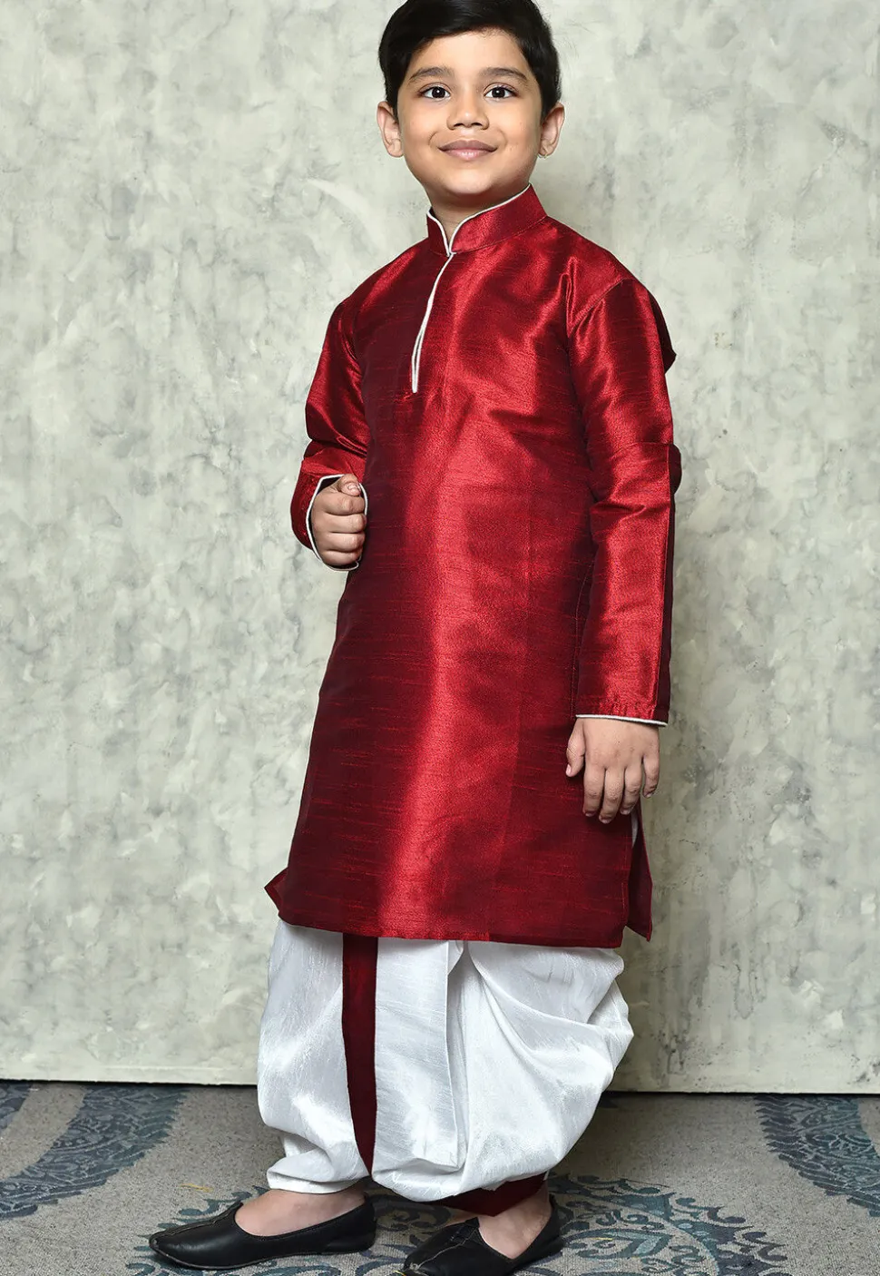 Contrast Trim Dupion Silk Dhoti Kurta in Maroon