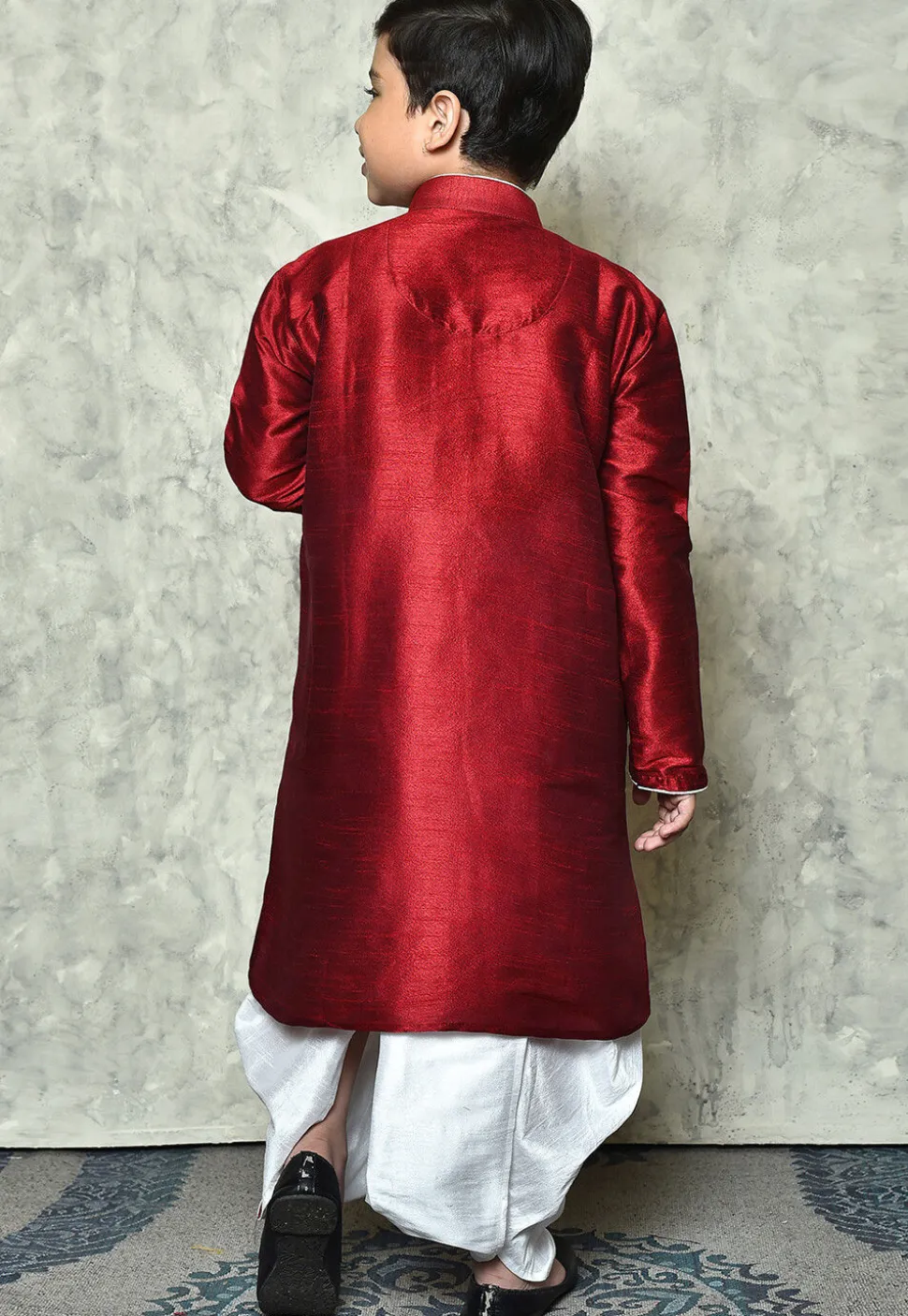 Contrast Trim Dupion Silk Dhoti Kurta in Maroon