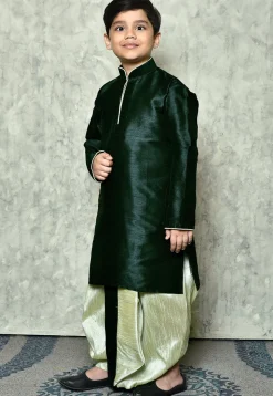 Contrast Trim Dupion Silk Dhoti Kurta in Dark Green