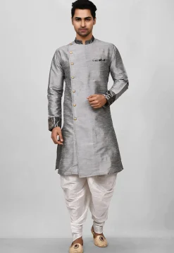 Contrast Trim Dupion Silk Dhoti Kurta in Grey