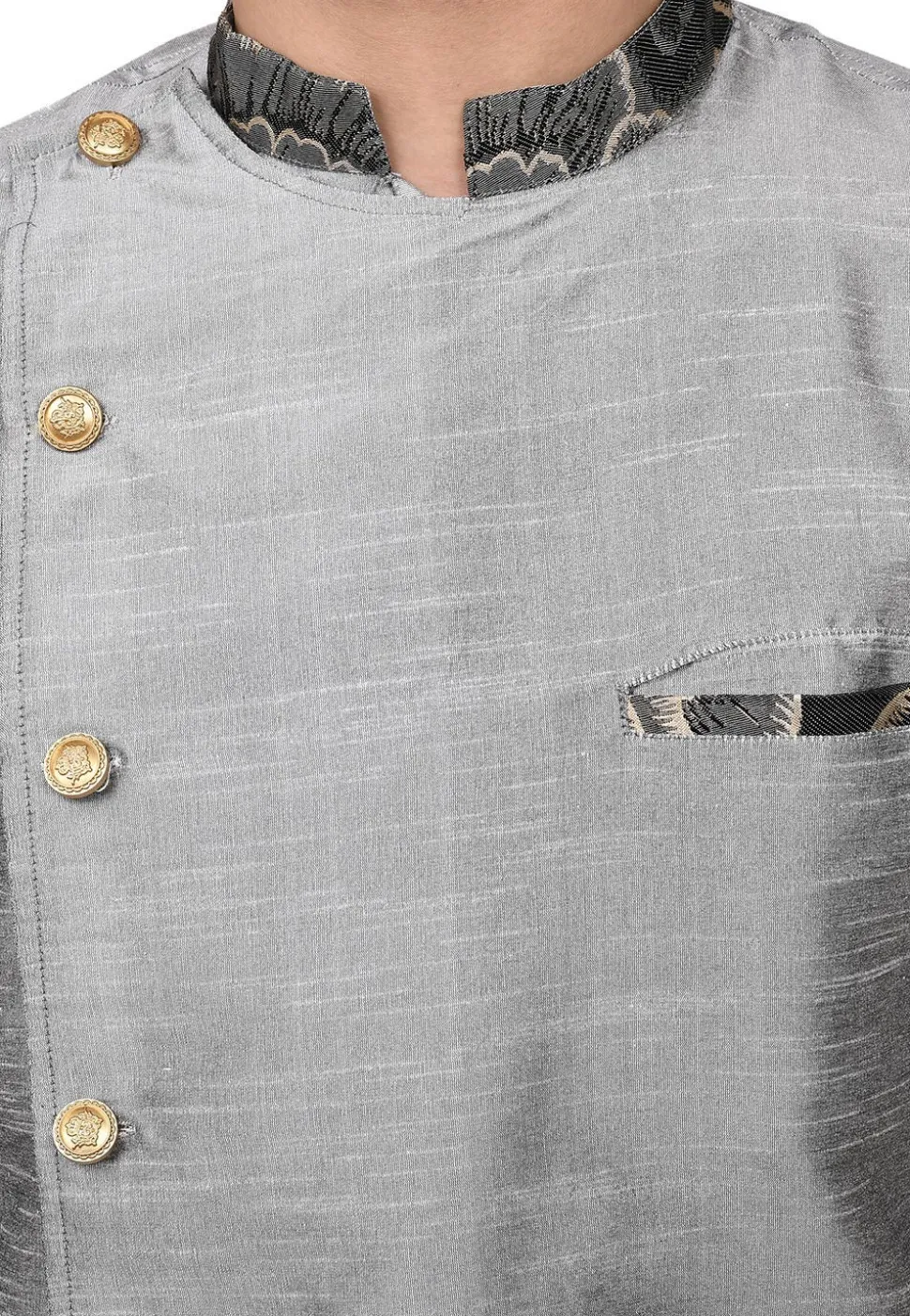 Contrast Trim Dupion Silk Dhoti Kurta in Grey