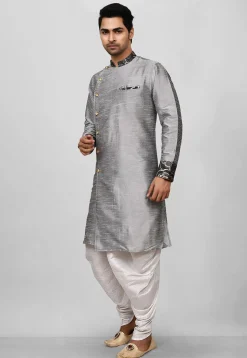 Contrast Trim Dupion Silk Dhoti Kurta in Grey