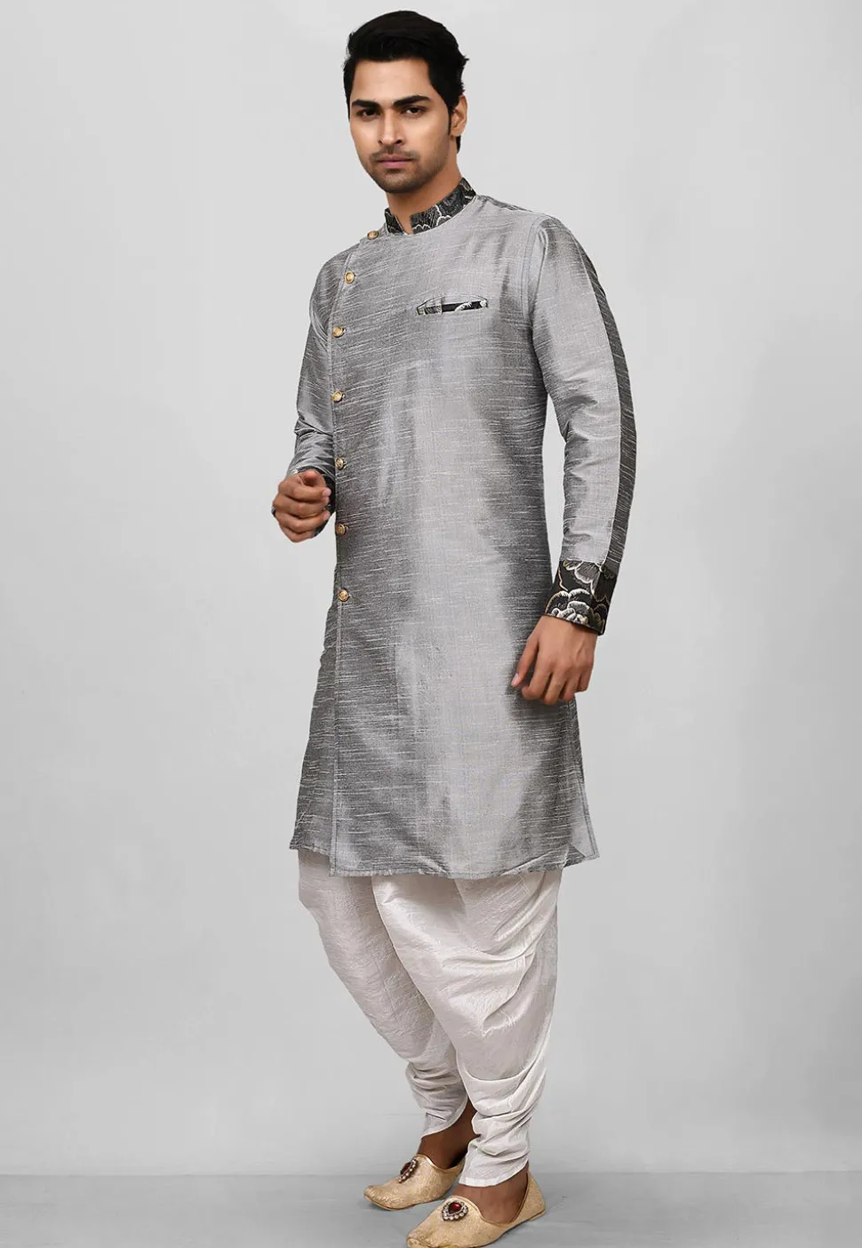 Contrast Trim Dupion Silk Dhoti Kurta in Grey