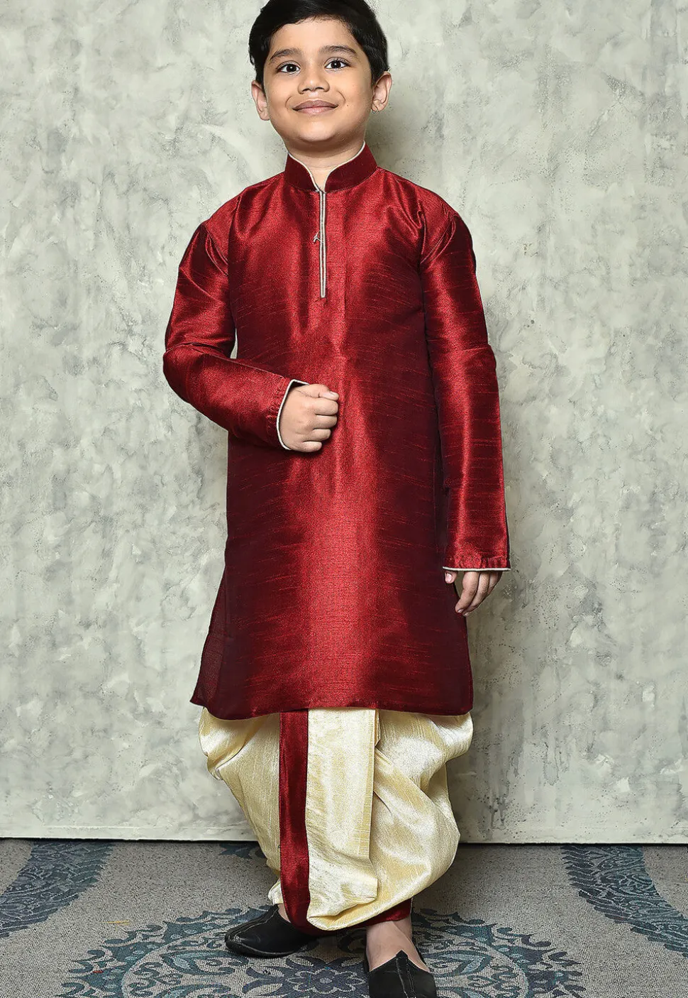 Contrast Trim Dupion Silk Dhoti Kurta in Maroon