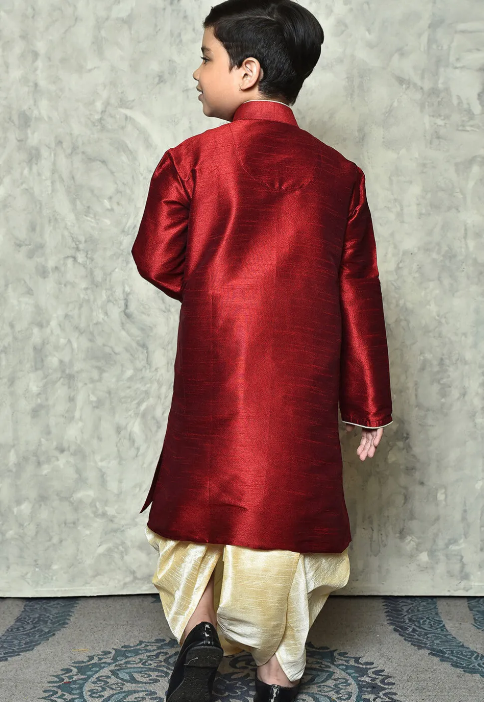 Contrast Trim Dupion Silk Dhoti Kurta in Maroon