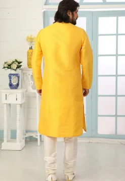 Contrast Trim Dupion Silk Kurta Set in Yellow