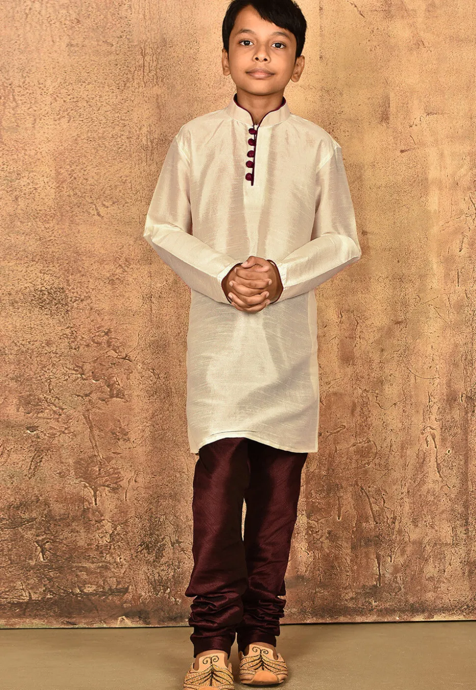 Contrast Trim Dupion Silk Kurta Set in Light Beige
